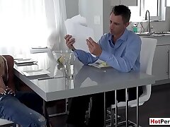 Huge-chested MILF step-mom blows her son-in-law next to stepdad