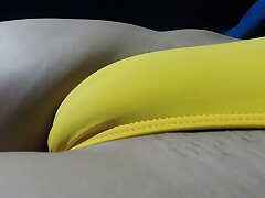 I allowed to my b to take off my shorts to record my turgid cooter in a tight yellow bathing suit.
