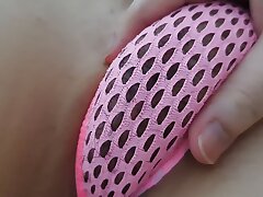 She finally got her wet, trimmed twat out of her cock-squeezing swimsuit and toyed until she came.