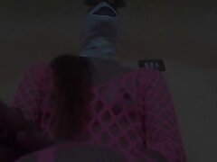 Dressed in rosy fishnet catsuit and rosy platform ankle boots. Raunchy blowjob