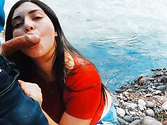 Risky passionate deep throat in nature outdoors.