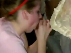Ash-blonde slut sucks off 2 ebony lollipops