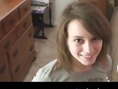 Uber-cute dark light-haired girl deepthroats shaft and gags on older dudes jizz