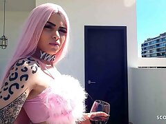 Pinkish Hair German Nubile Cent in Fishnet Pantyhose Outdoor Hookup by elderly Guy