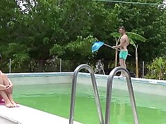 My bf watches me sunbathe while the maintenance guy cleans our pool. My bf pays him a fortune so in addition to cleaning the pool he displays me his donk