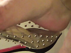 Mature soles exhausted and perspiring in transparent shoes