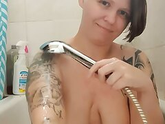 Morning douche show Soapy big congenital tits Breast rubdown in bath
