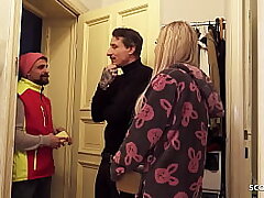 German Teen Couple converse postman to Fuck his Gf while he observe