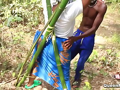Super-fucking-hot ebony babe got trussed up in a bomboo and fucked rigid