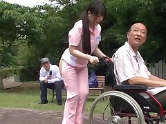 Subtitled weird Asian half bare caregiver outdoors