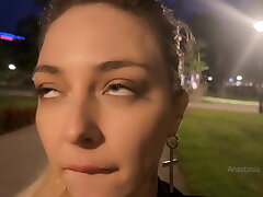 Street pick up of shameless slut. Stranger fumble her mammories right in public park.