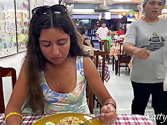Katty licks lunch in an Chinese cafe sans undies and flashing pussy in public