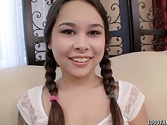Pigtailed teenage Kira Sinn eagerly taking cum facial cumshot