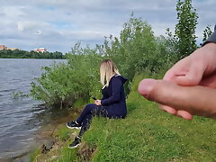 The exhibitionist boy witnessed a lonely gal in nature and took out his pipe in front of her and began to masturbate the pipe in front unacquainted beauty, he risks scaring her, but she luvs to glance at a ample masculine pipe and wants to see his cum-sho