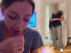 My stepmom caught me giving a deep throat to my boyfriend. We were talking and she watched and he cum.