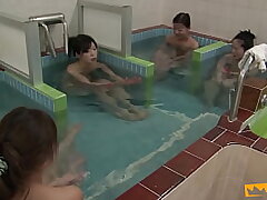 Asian honeys take a shower and get finger-tickled by a pervert fellow