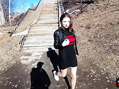 Risky Amateur Public Blowjob and Jism Walk on Inborn Boobs - Point of view