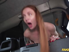 Faux Taxi Red-haired Cougar in marvelous nylons rides a immense phat prick in a taxi